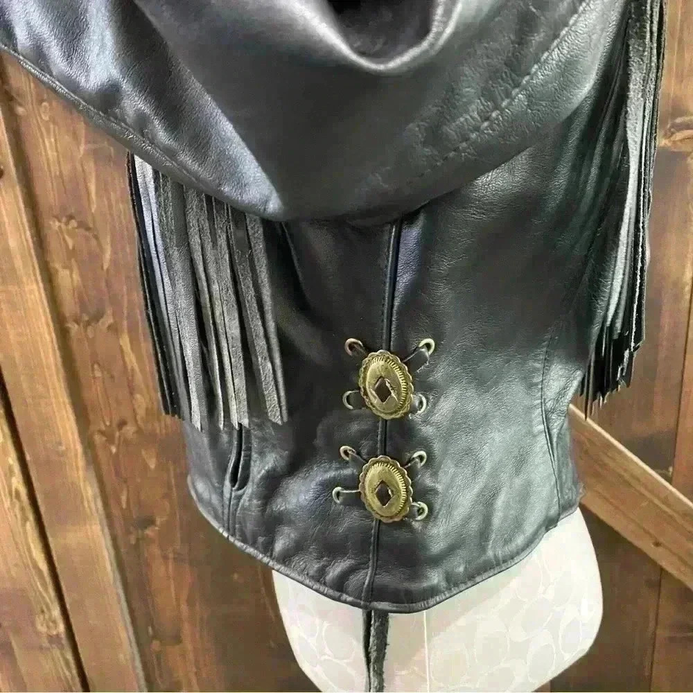 PROTECH Vintage Motorcycle Jacket Black Leather Fringed with Red Roses Size 12 - Picture 5 of 7
